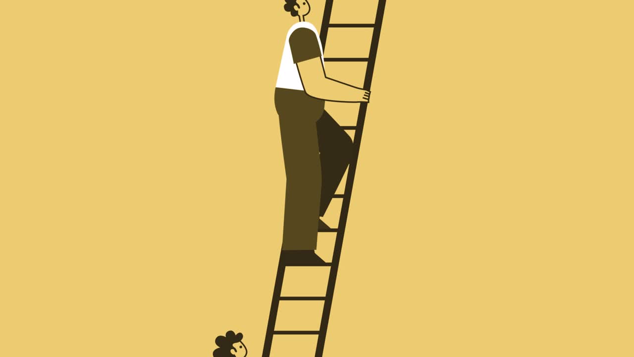 노란색 스타일의 남자와 여자 평평한 캐릭터가 사다리를 오르고 있습니다. 알파 채널과 함께 고립된 루프 애니메이션