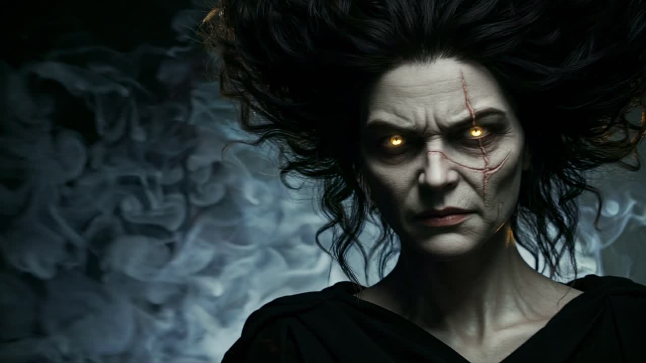 Mysterious figure with glowing eyes in a smoky environment engages viewers at a hauntingly atmospheric event