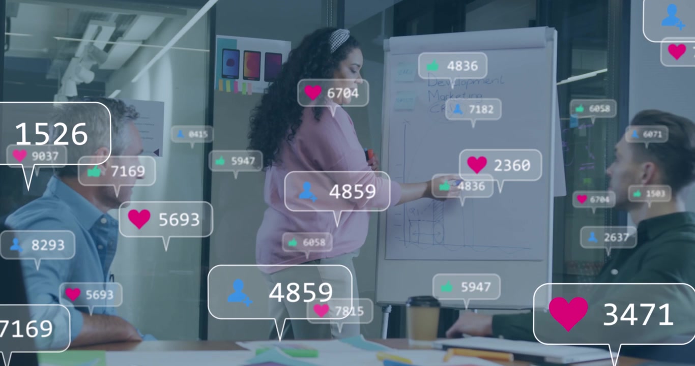 Business Team Meeting with Social Media Analytics Overlay