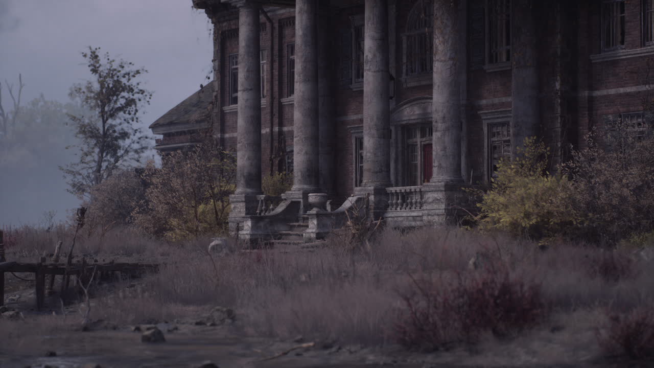 Historic mansion surrounded by overgrown vegetation in a rural setting