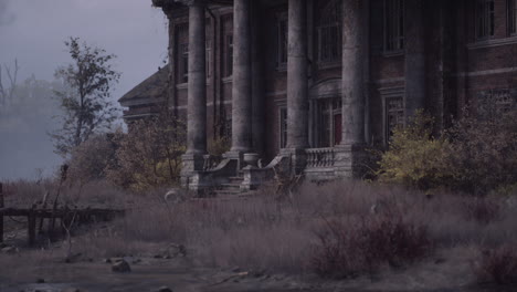 historic mansion surrounded by overgrown vegetation in a rural setting