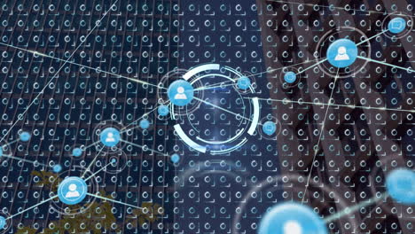 Animation of network of connection with icons over cityscape