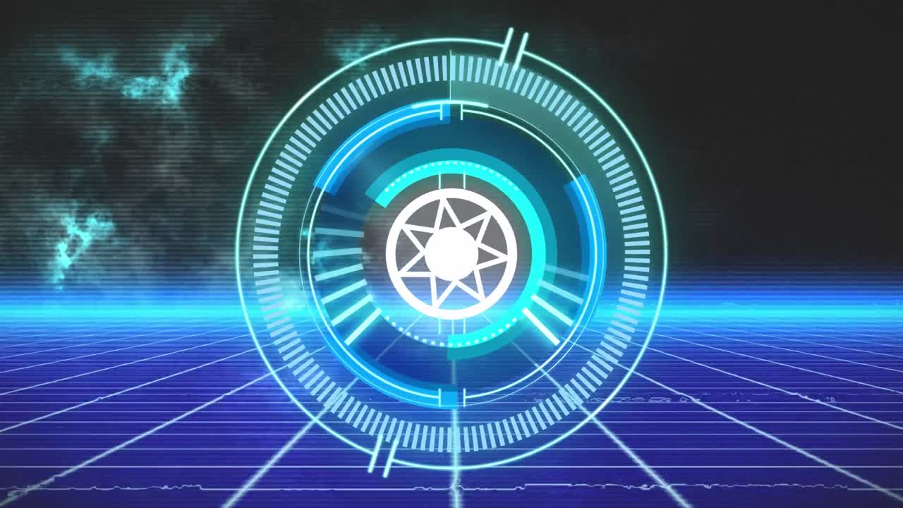 검은 바탕에 그리드 위의 태양 기호와 파동과 함께 범위 스캐닝의 애니메이션