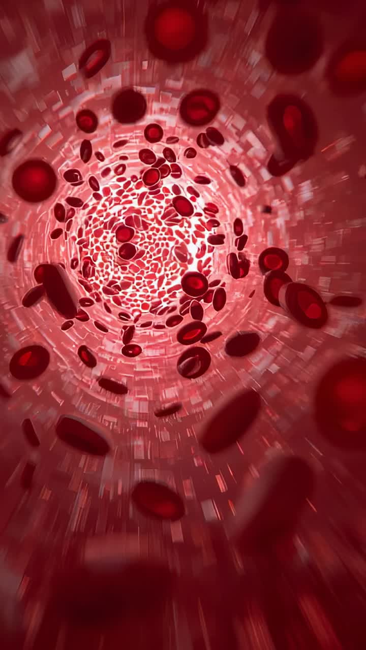 Vertical video: Camera starting red blood cells drifting and rotating through vessel to bright core
