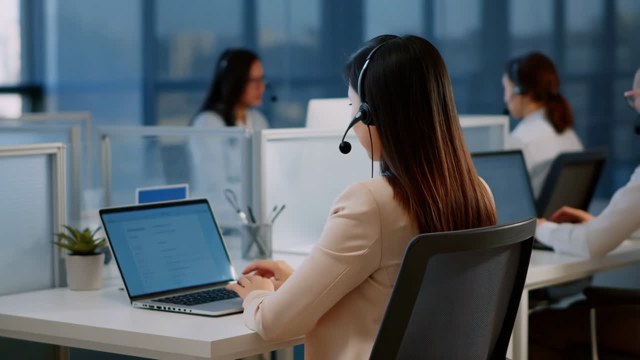 Woman working in a call center office with a headset and laptop