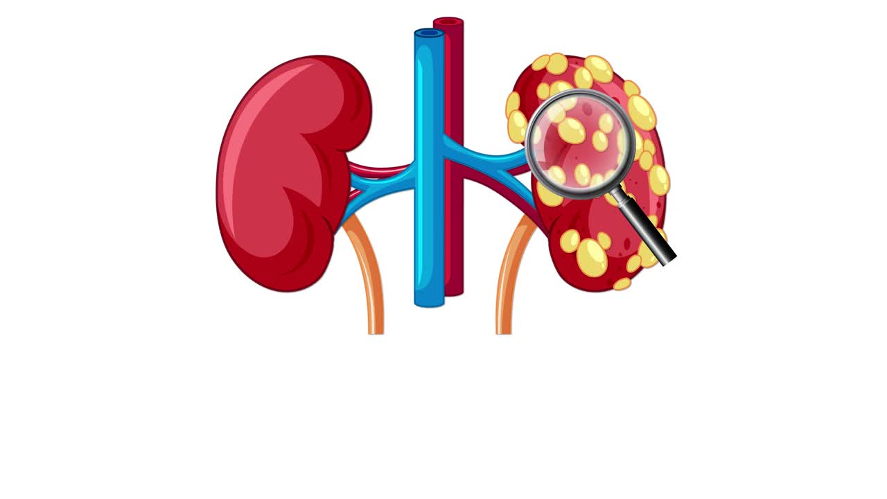 Illustration of kidney cancer progression, showing cellular mutation, rapid cancer cell doubling, and tumor formation with clear, labeled medical graphics and smooth transitions