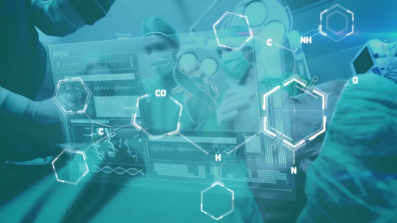 수술실에서 외과의사에 대한 화학 공식의 애니메이션