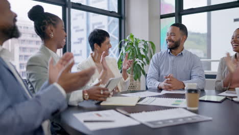 success, meeting or happy business people shaking