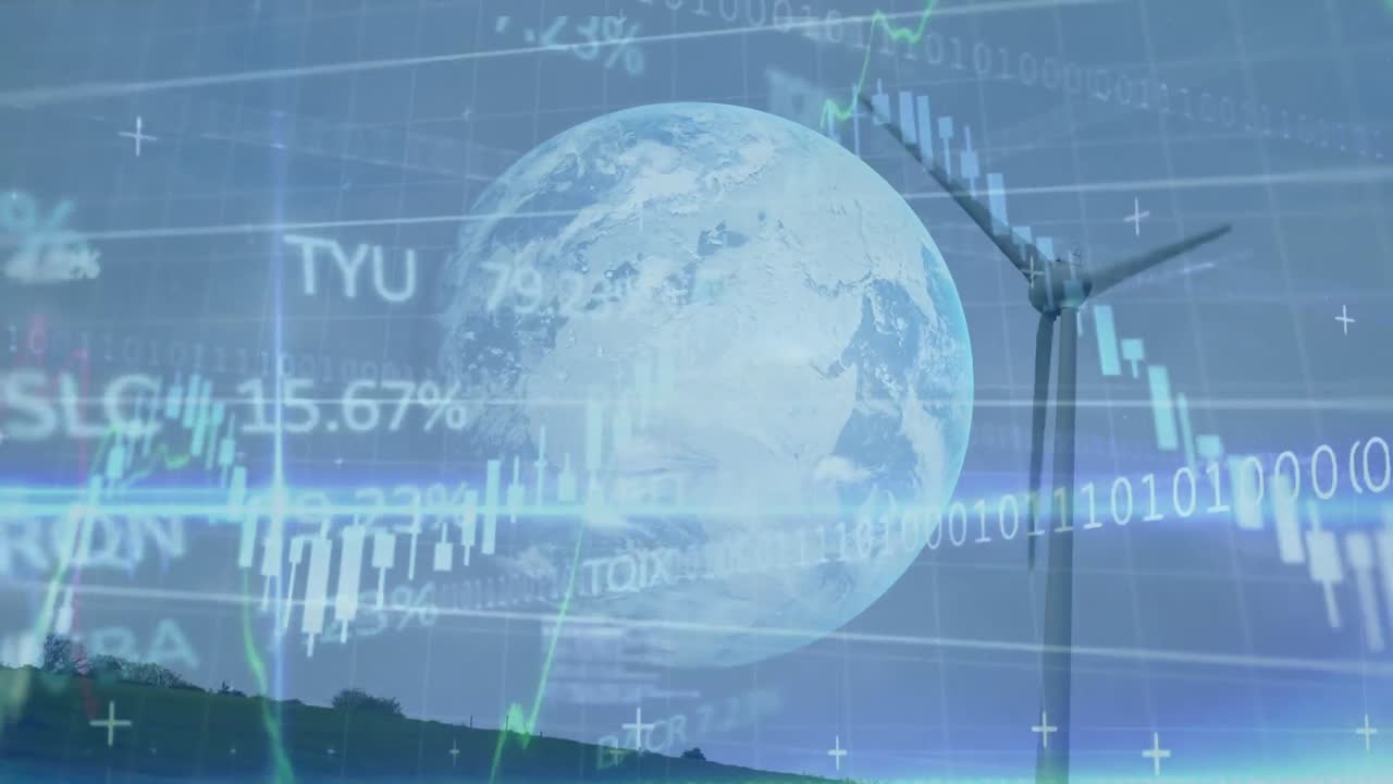 금융 데이터 처리의 애니메이션과 풍력 터빈 위의 지구