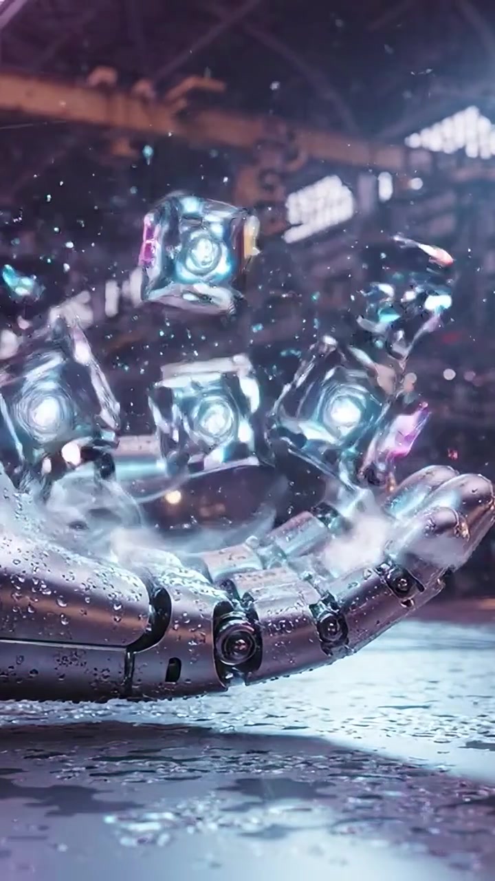 A futuristic robotic hand elegantly displays a glowing crystal cube, encapsulating advanced technology and innovation within a high-tech industrial environment.