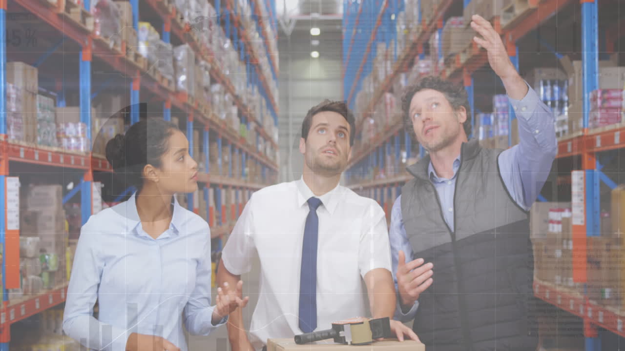 창고에서 일하는 사람들에 대한 데이터 처리의 애니메이션