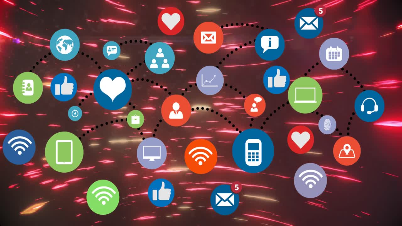 검은 바탕에서 빨간 불빛 위에 빠르게 움직이는 소셜 미디어 아이콘의 애니메이션