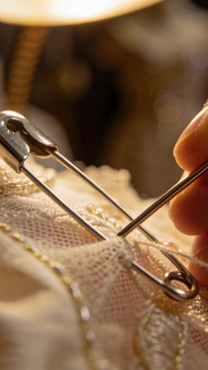 Vertical video: Pins causing right hand pulling needle through beaded lace for repair under lamp