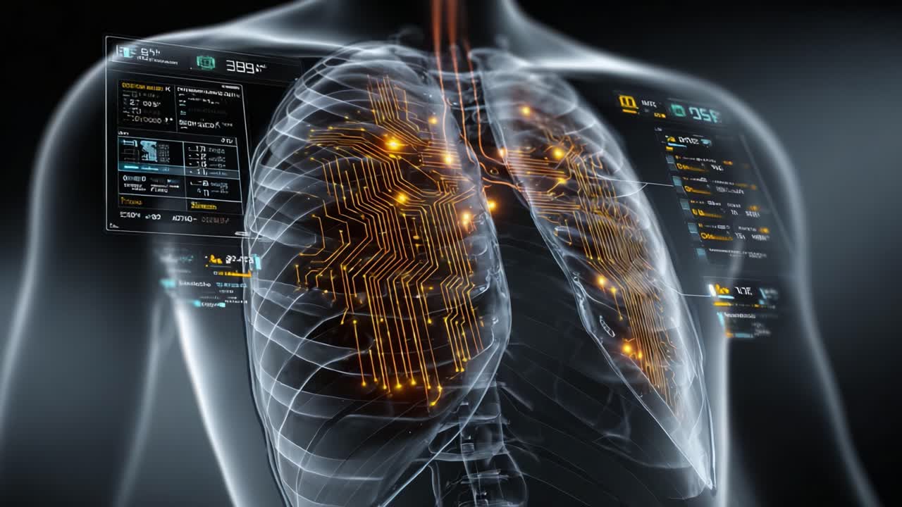 Futuristic Depiction of Lungs with Integrated Circuitry and Data Interfaces Highlighting Respiratory Functionality and Health Metrics