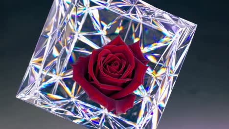 red rose in a geometric crystal box