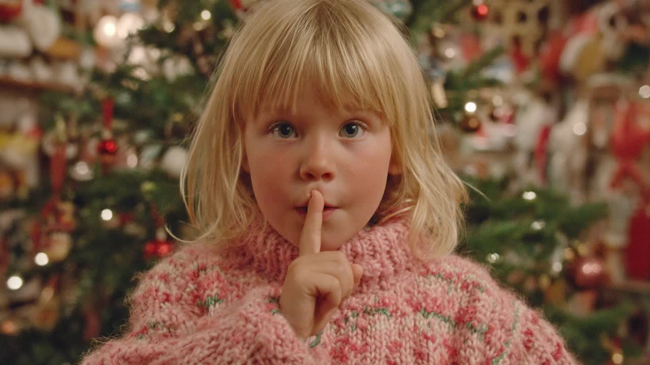 A Little Girl in a Cozy Sweater Silently Asking for Quiet by the Christmas Tree, Embracing the Festive Spirit of Childhood Wonder and Anticipation