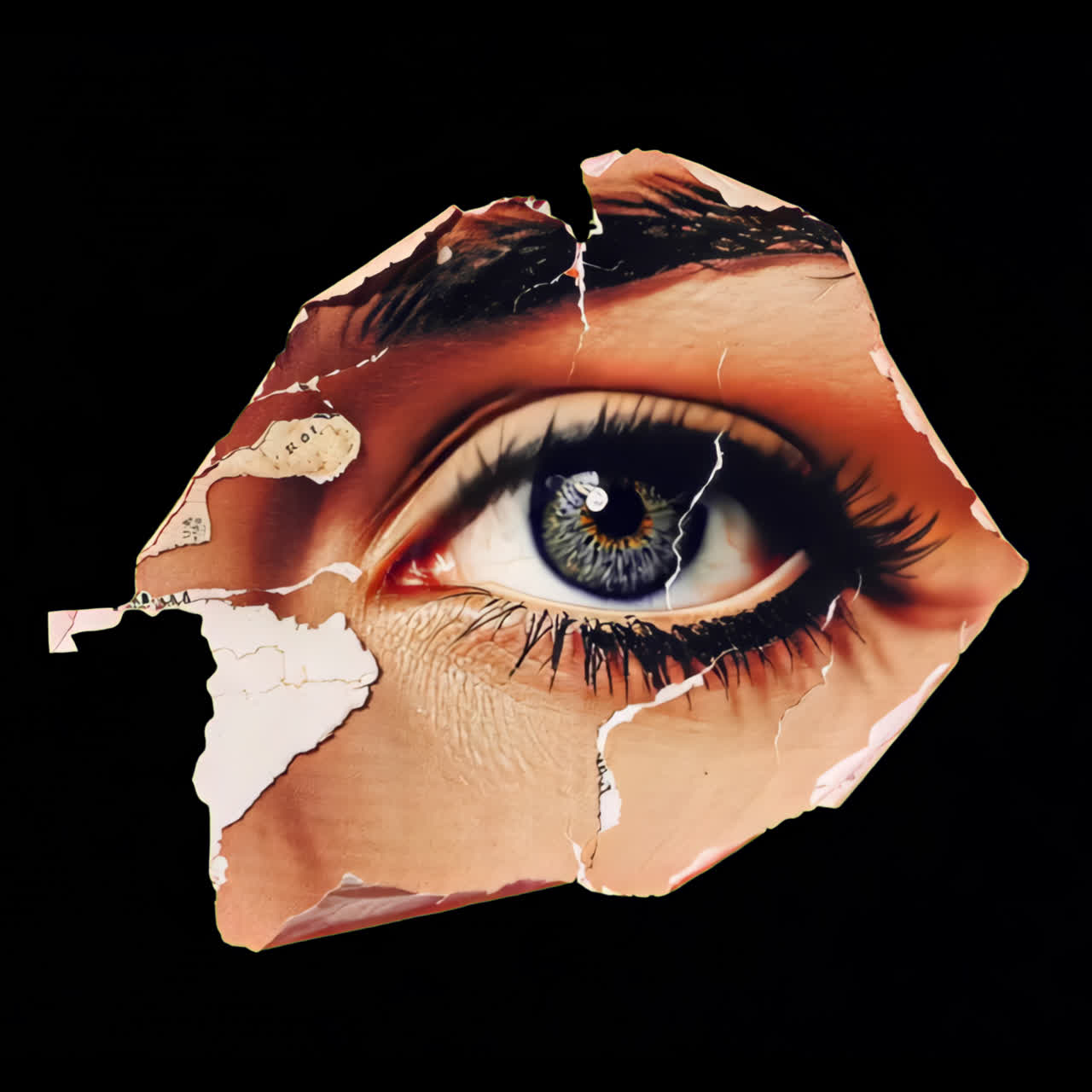 Surreal torn eye collage animation isolated asset, transparent 4K video, alpha channel, ProRes 4444