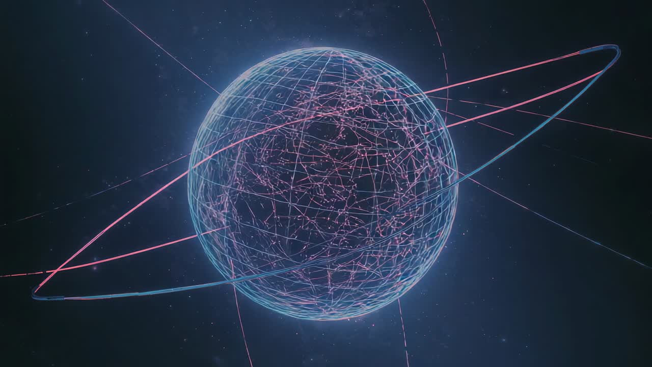 Animation starting grid sphere rotating in starfield backdrop, nodes pulsing and rings orbiting