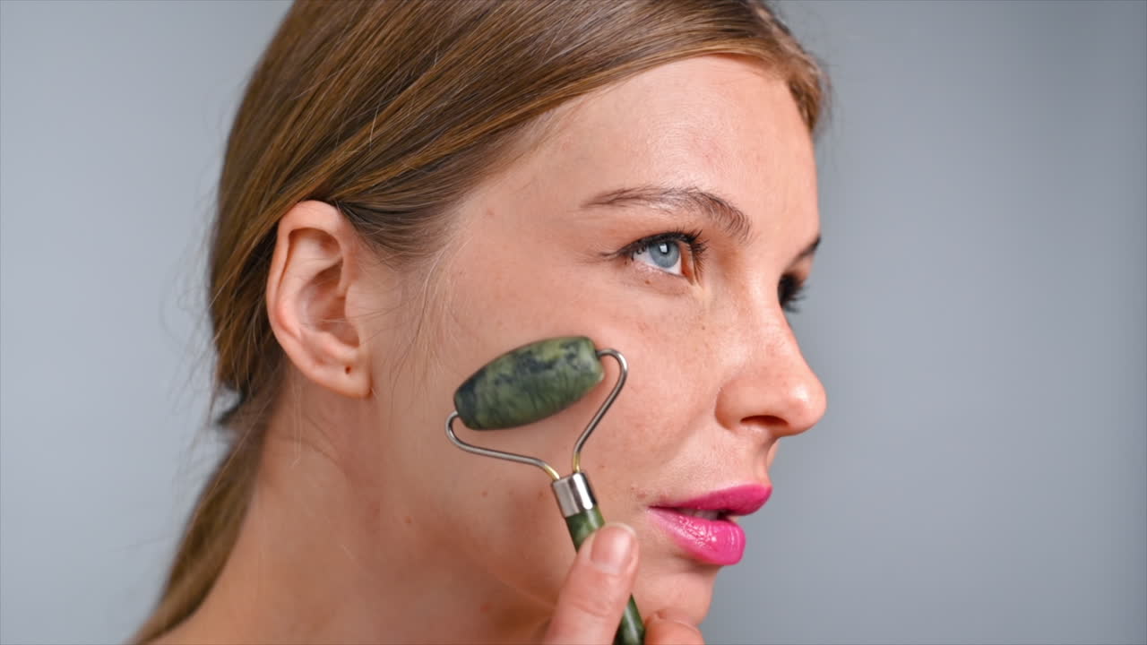 A young caucasian woman is doing a facial massage using a roller. Slow motion