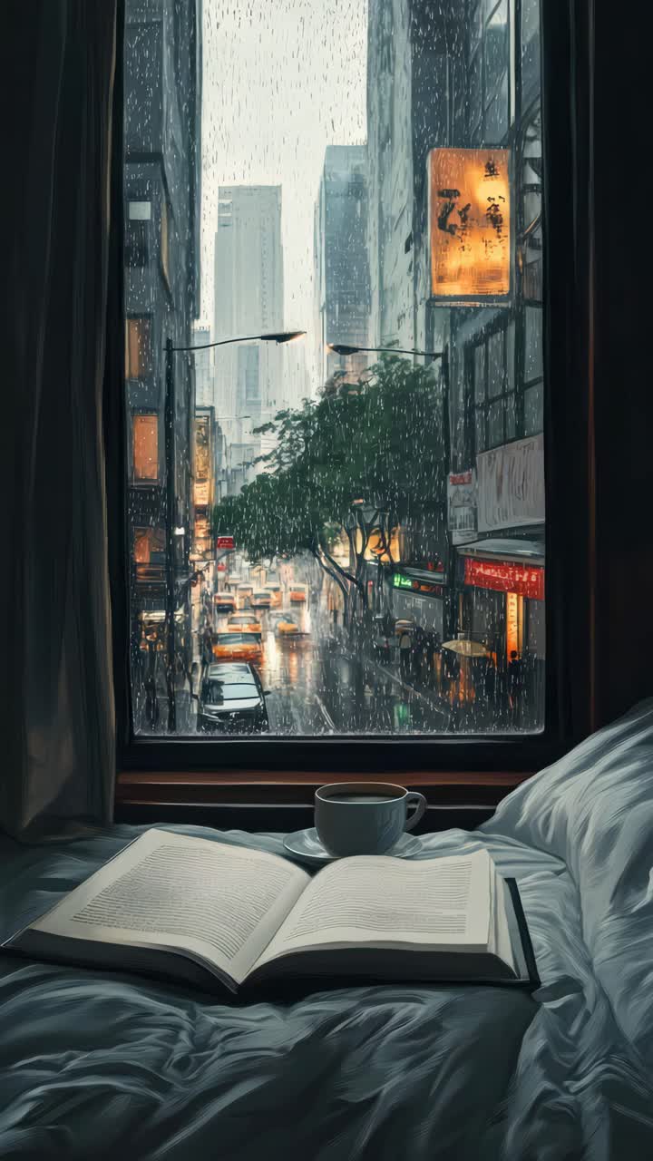 Cozy urban scene from a low angle, capturing a rainy city street through a window