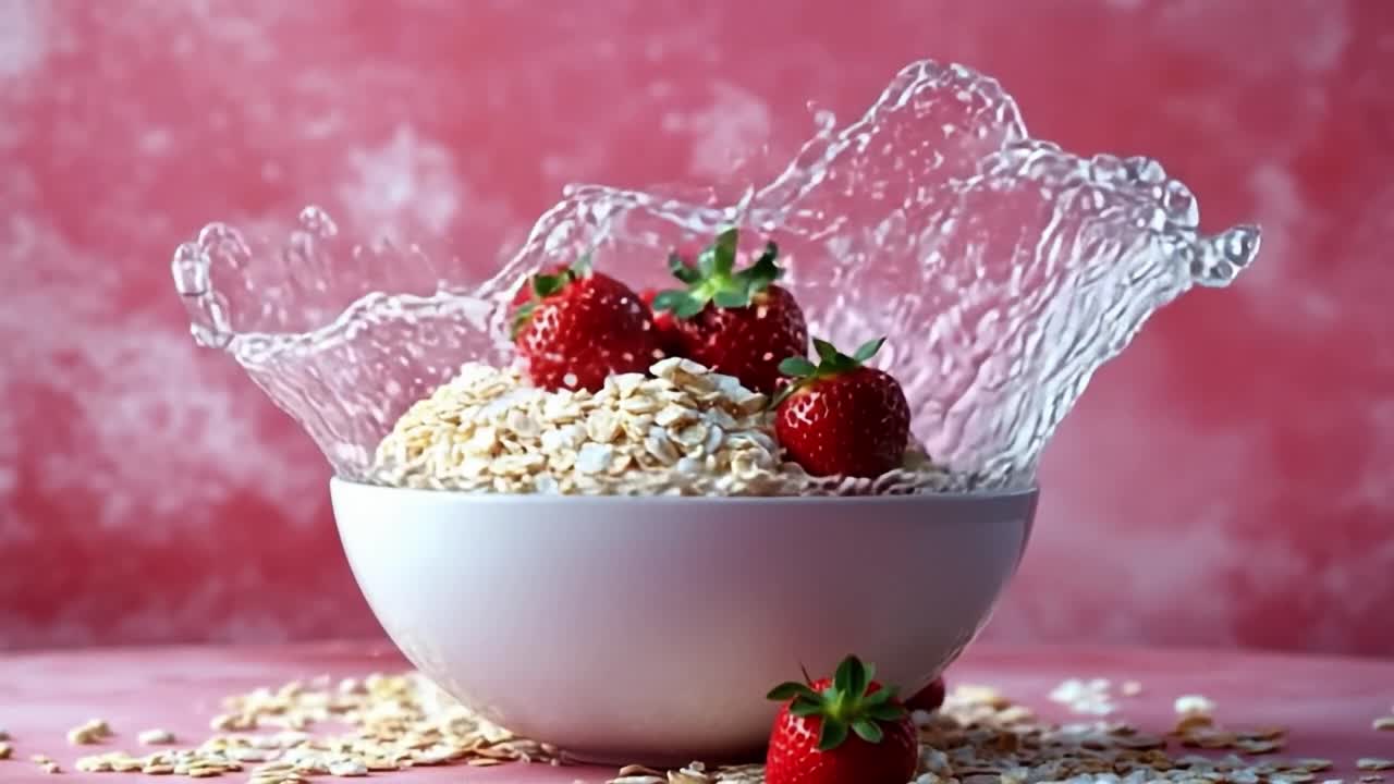 Strawberries in oatmeal. Juicy strawberries cascade into a bowl of oats on a vibrant pink backdrop, creating an appetizing breakfast scene.