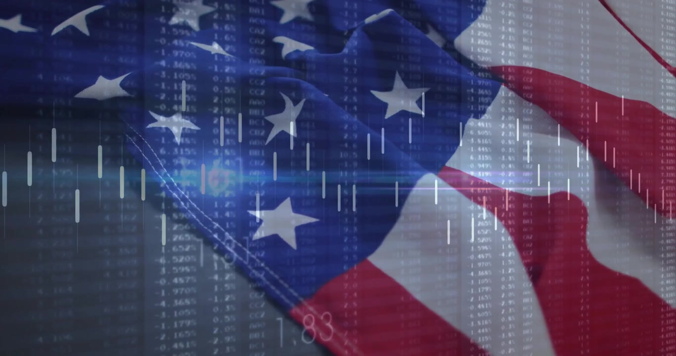 All'inizio, bandiera USA che sventola, flussi di dati a cascata, grafici a barre in aumento, bagliore dell'obiettivo che mostra dati di mercato.