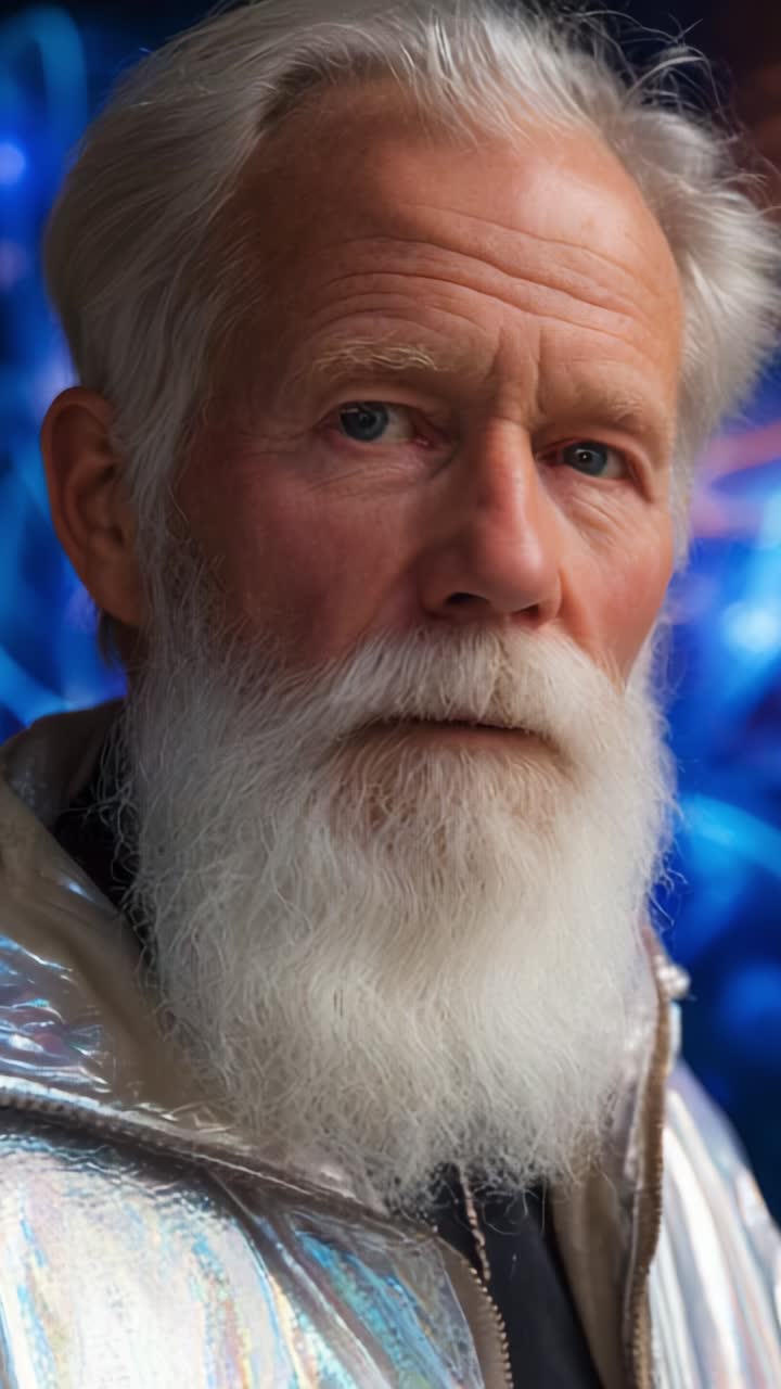 A Thoughtful Older Man with a Radiant White Beard and Shine Reflecting from His Silver Jacket, Captured in a Vividly Colorful Background Atmosphere