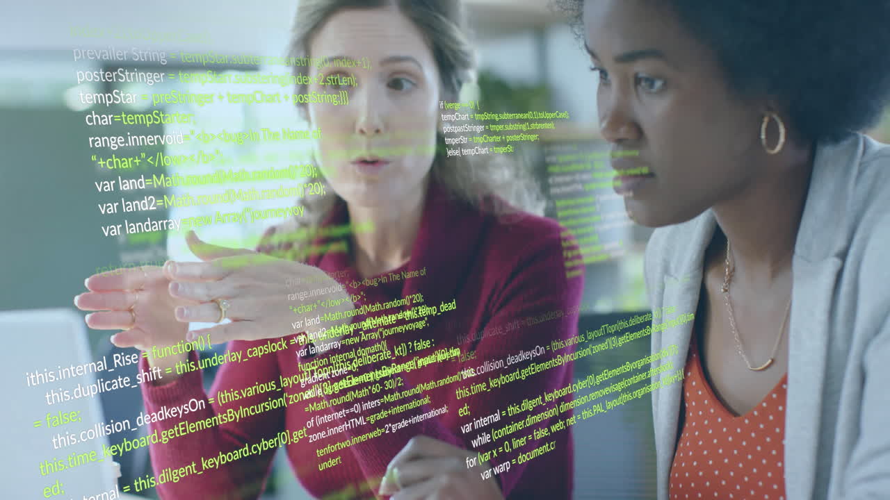 Animation of financial data processing over diverse business people in office