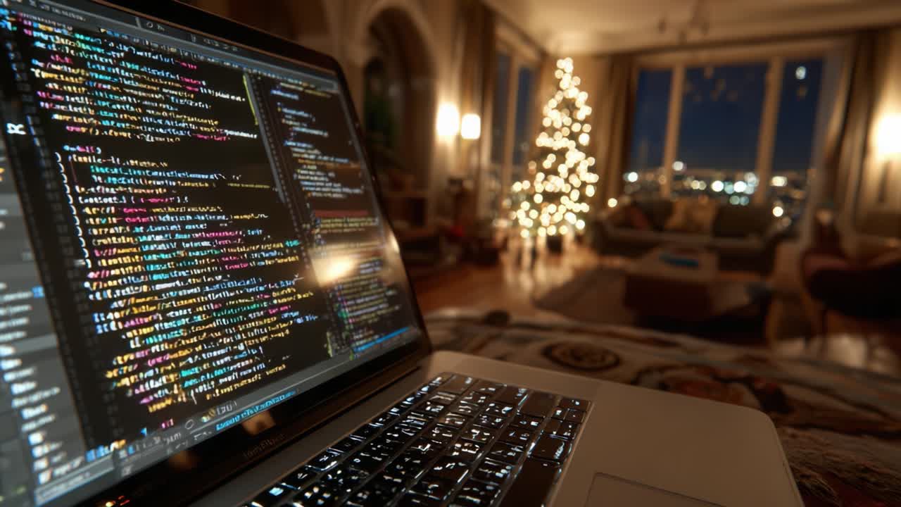 Cozy Winter Workspace: A Laptop Displaying Colorful Code with a Beautifully Decorated Christmas Tree in a Warm Living Room Setting at Night