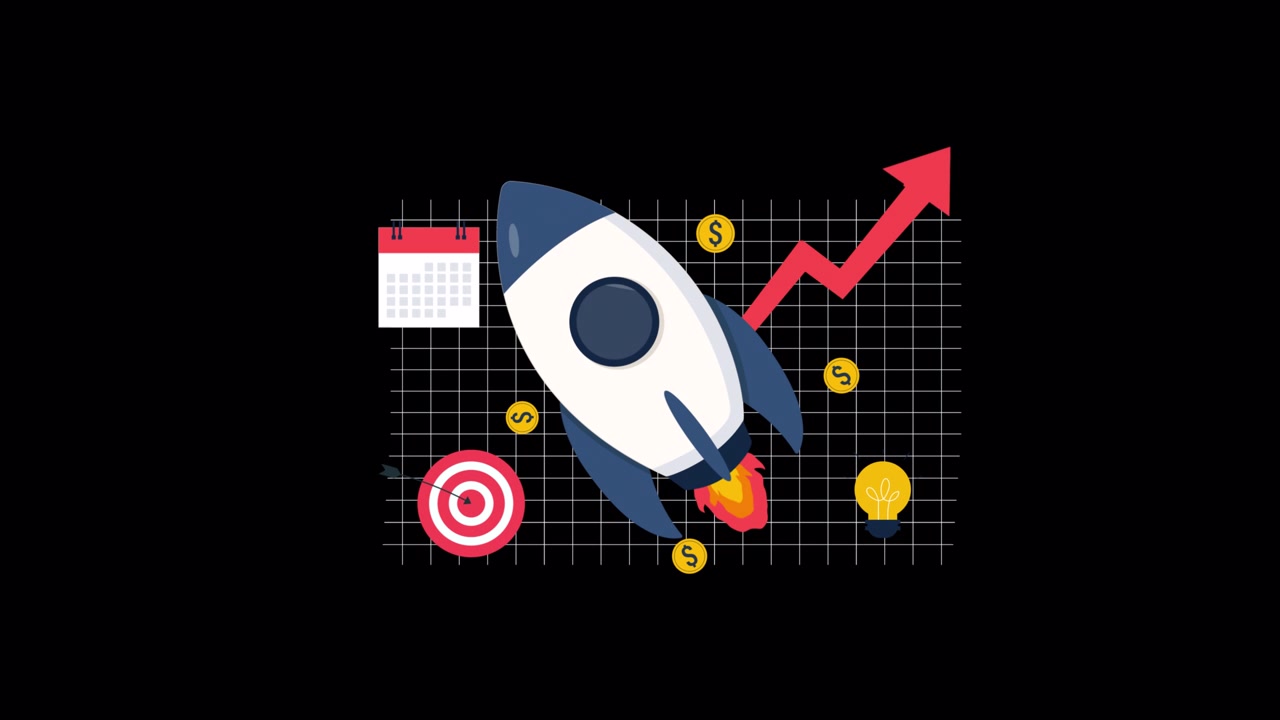 Fusée animée en plein lancement avec des graphiques et des icônes de croissance commerciale