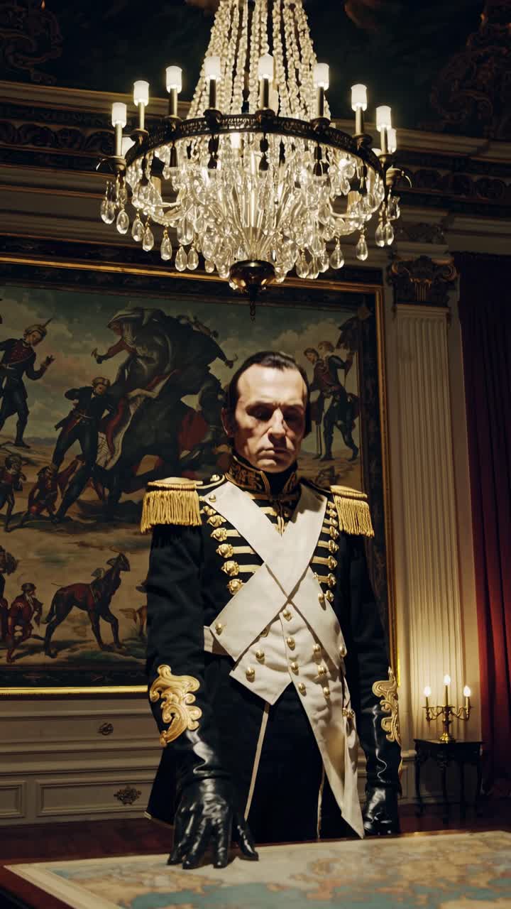 A dramatic video still of a historical figure in ornate uniform, viewed from a low angle