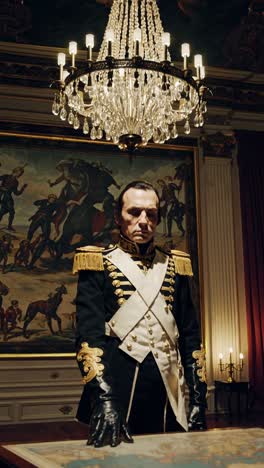 a dramatic video still of a historical figure in ornate uniform, viewed from a low angle