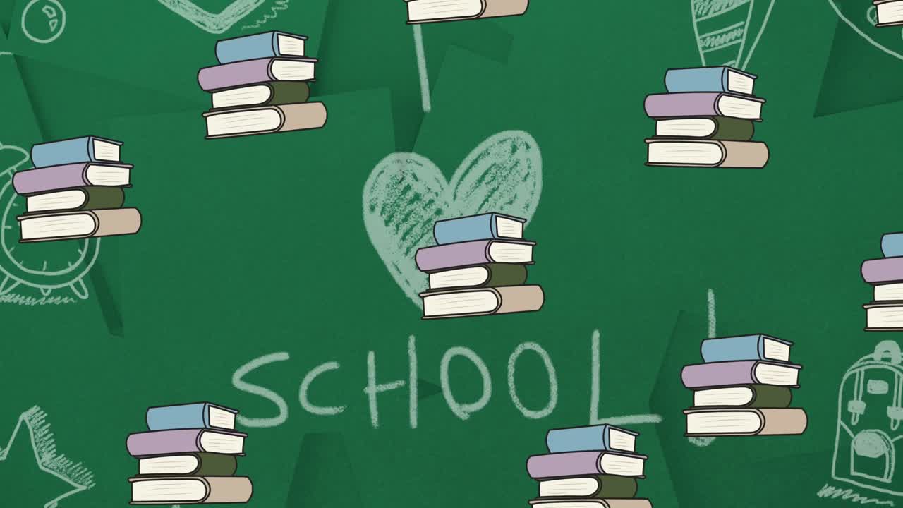 анимация школьных предметов икон, движущихся на зеленом фоне