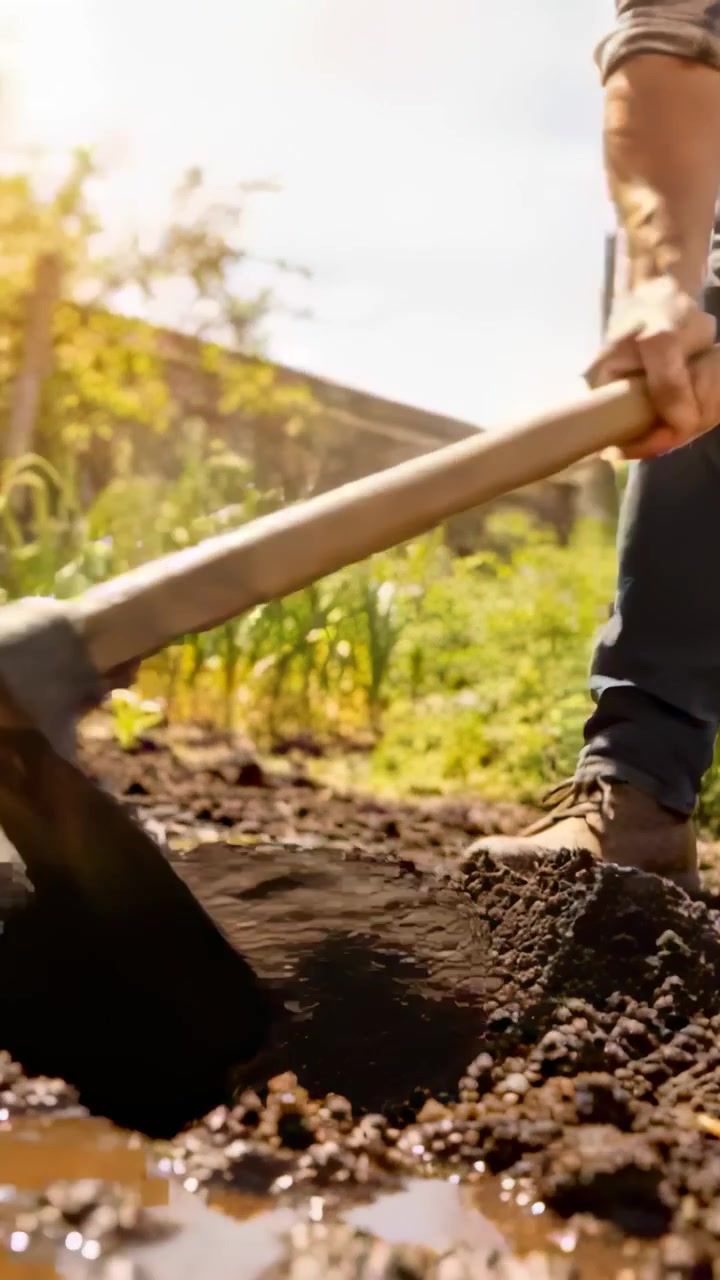 Video verticale: Giardiniere uomo con pala che scava il terreno in giardino, preparando l'aiuola, stivali, spazio per il testo.