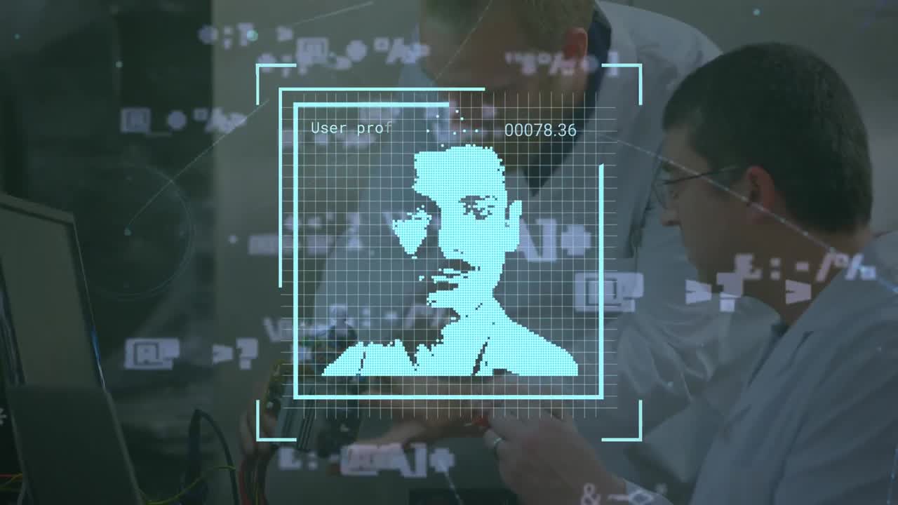 Animation of social media photos and data processing over caucasian men creating robot