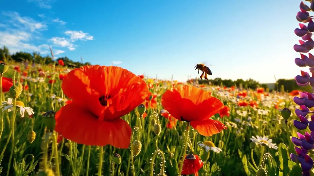 Un vibrante prato fiorito inondato di papaveri rossi, margherite bianche e lupini viola sotto un cielo azzurro brillante in piena fioritura