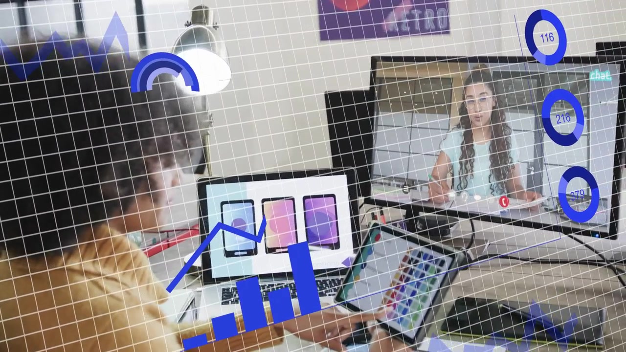 Woman at desk reaching for tablet, editing mockups in remote meeting while analytics HUD animating