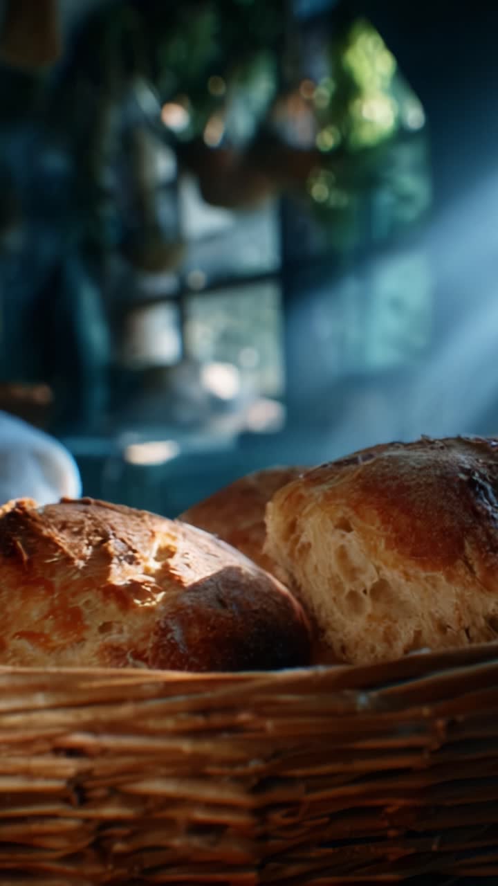 Golden Brown Bread Rolls Fresh from the Oven, Perfectly Baked, Emitting Warm Aromas in a Cozy Kitchen with Sunlight Streaming Through the Window