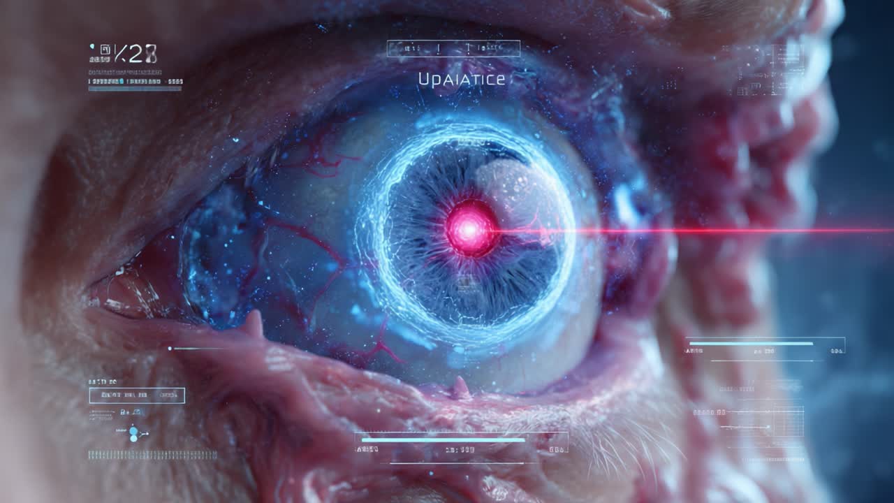 A Futuristic Close-Up of a Bioluminescent Eye Projecting a Laser Beam, Highlighting Advanced Technology and a Unique Visual Aesthetic Representing a Sci-Fi Concept