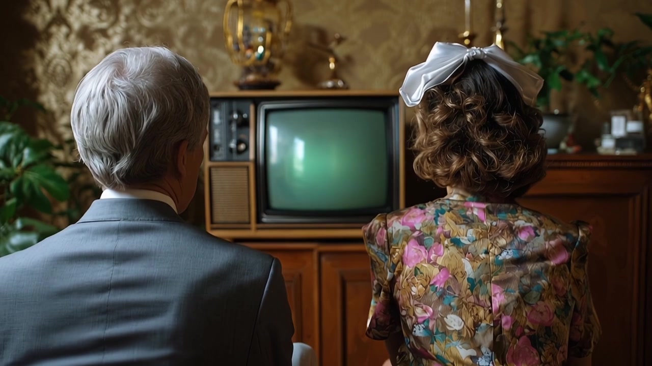 Pár sleduje starou televizi se šumem v retro obývacím pokoji