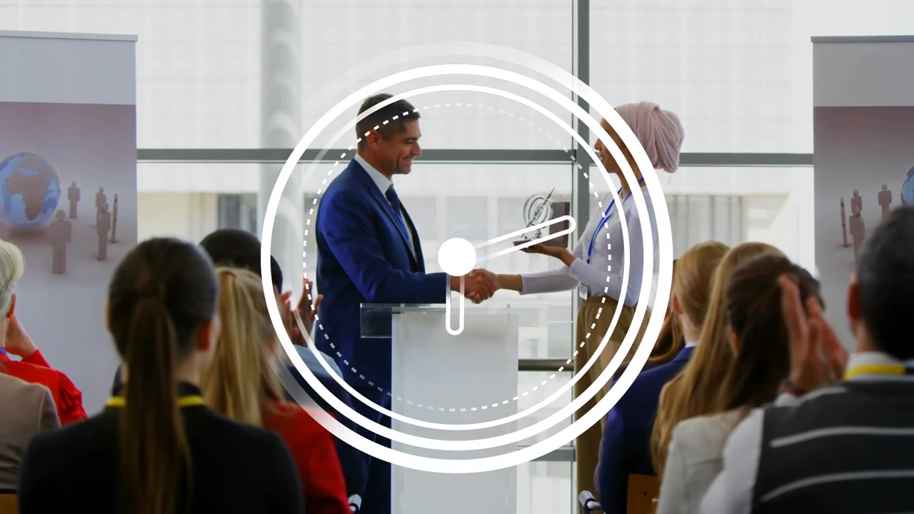 Animation of moving clock over diverse business people at office