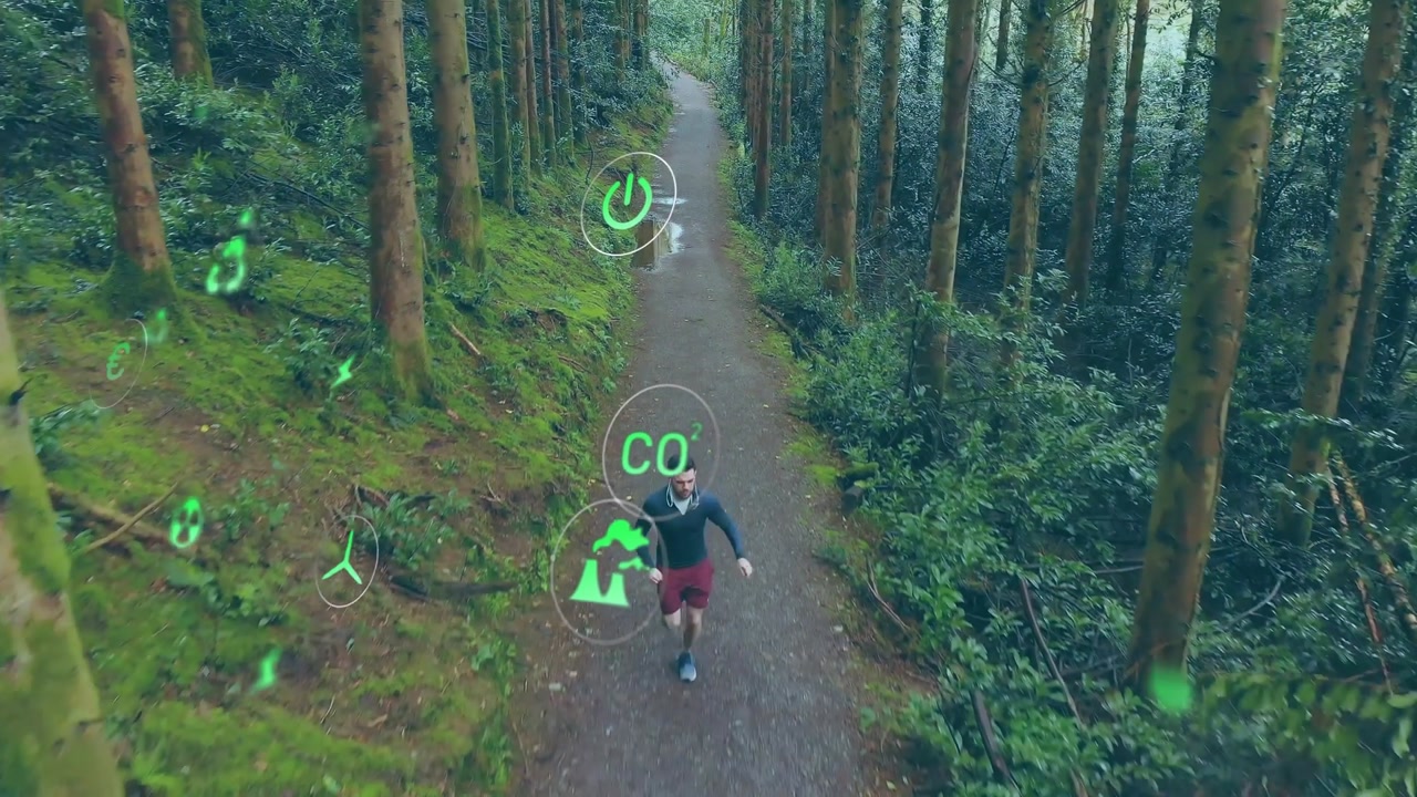 Runner jogging into forest trail activating green AR tech icons highlighting environmental data