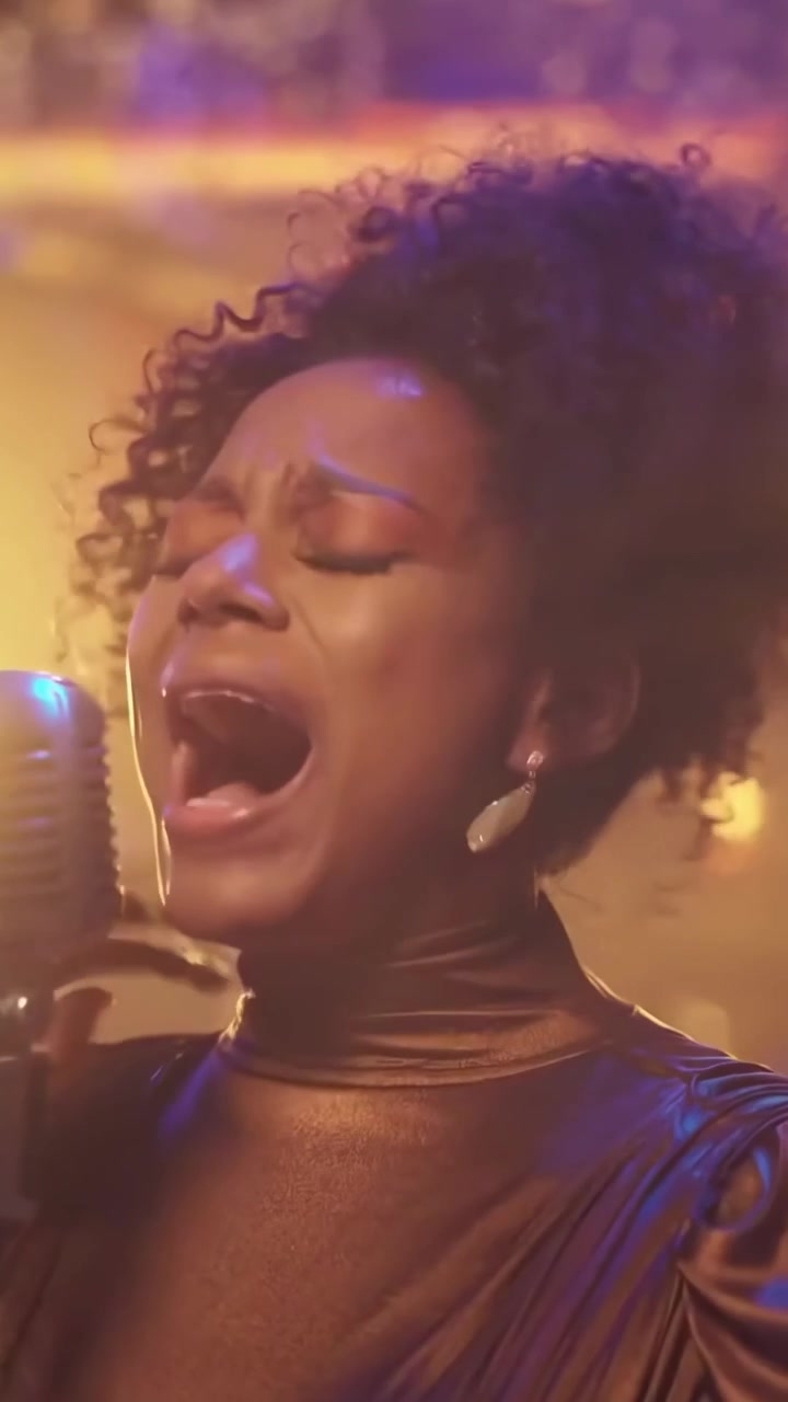 Soulful Female Vocalist Singing into Vintage Microphone on Stage