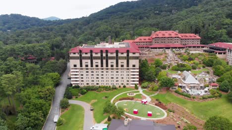 4k drone video of historic grove park inn in asheville, nc on sunny summer day-3