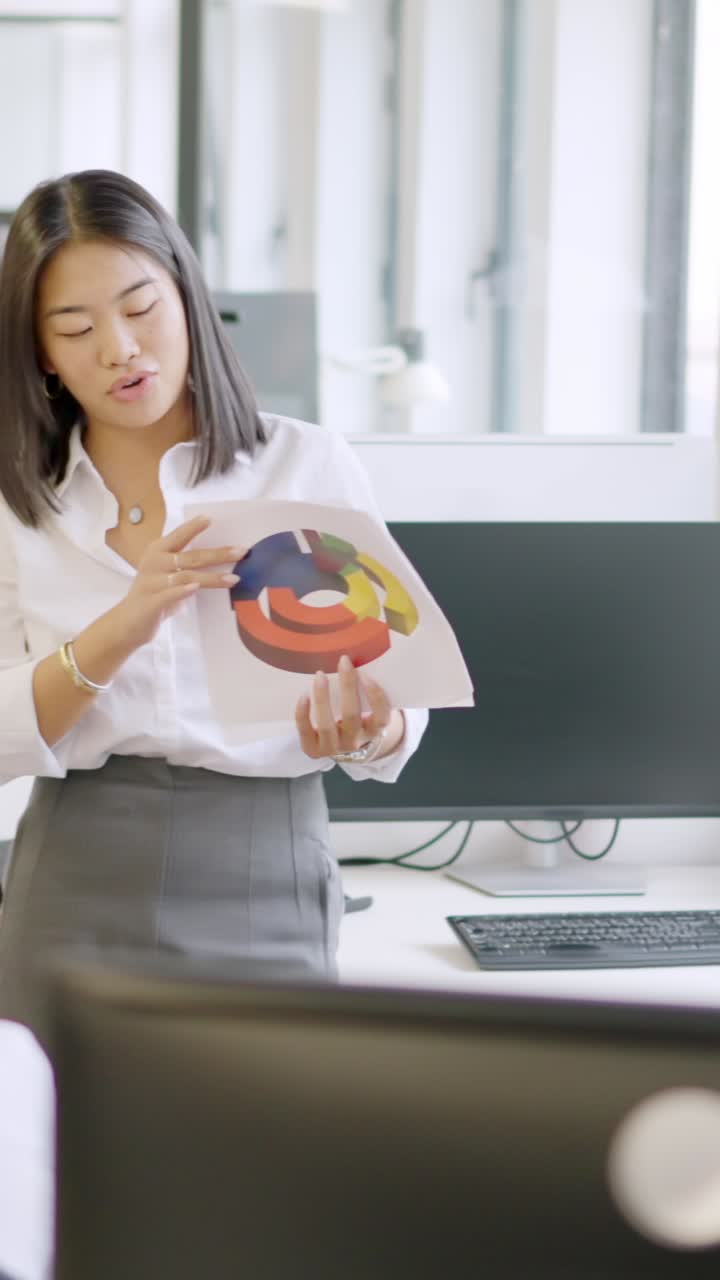 Chinese businesswoman showing graphics during a meeting in a coworking