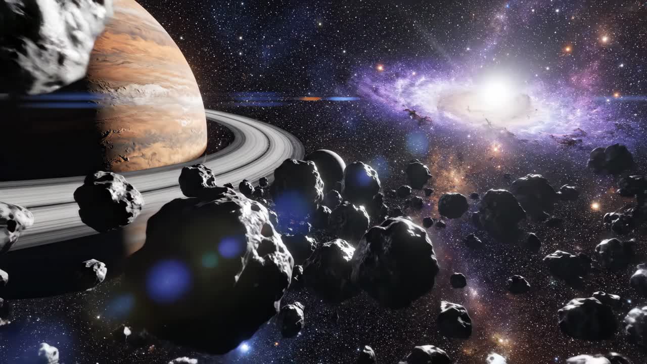 A cosmic scene with asteroids, a planet, and a galaxy in space