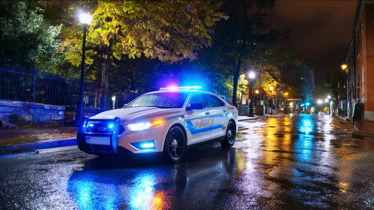 An illuminated police car stands alone on a rain-soaked street, showcasing its blue and red flashing lights against a backdrop of glistening pavement and dimly lit urban surroundings at night