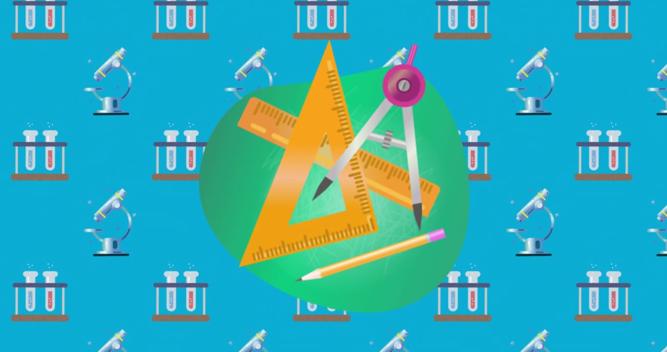 Animación de elementos de geometría escolar e iconos de química sobre fondo azul