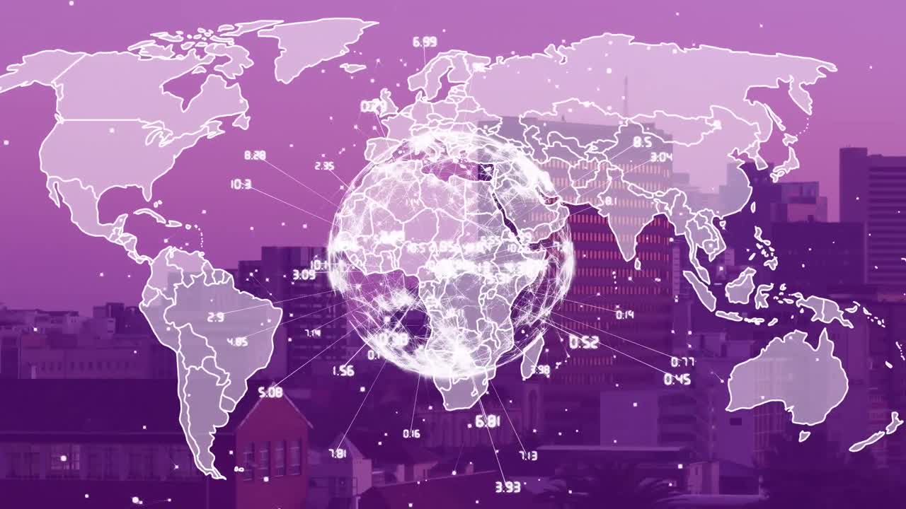 보라색 도시 풍경 위의 연결과 함께 세계 지도와 지구의 애니메이션