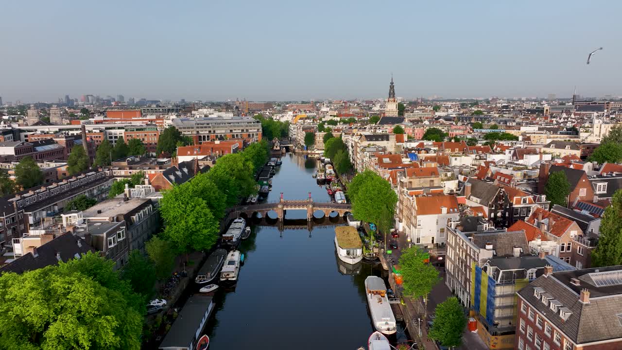 Aerial view of Montelbaanstoren and Amsterdam’s famous canals
